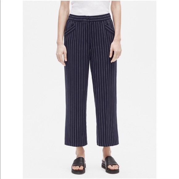 NWOT Petite Eileen Fisher Navy Pinstriped Wide-Leg Cropped Pant - Picture 1 of 6